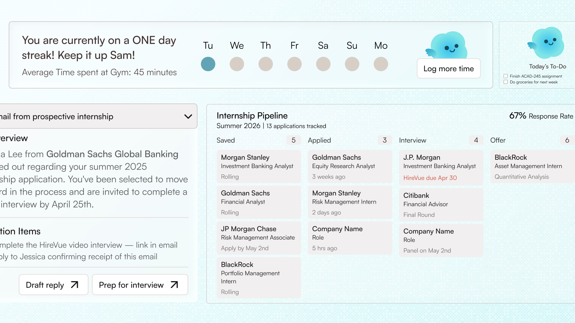 Juno widget system: gym tracker, internship pipeline, today's to-do, and streak components
