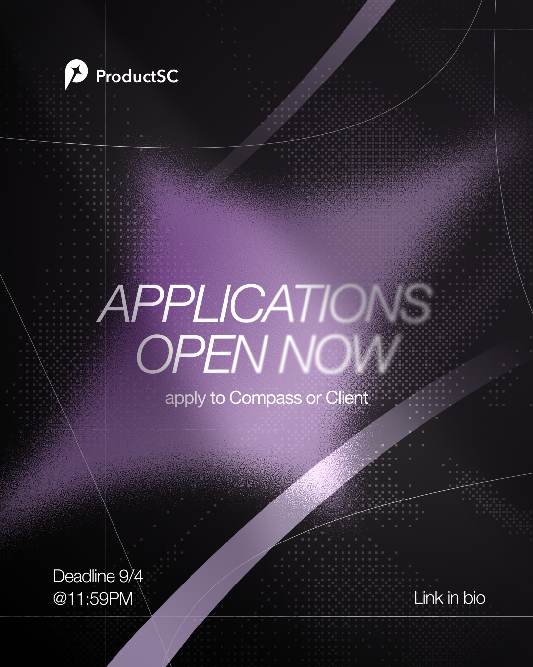 A recruitment graphic announcing ProductSC applications are open, redesigned under the org's new brand